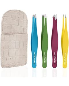 Tweezers Set, Easy-to-hold 4 Eyebrow Tweezers for Women & Men with Travel Leather Case, Precision Tweezers for Eyebrow, Ingrown Hair, Facial Hair Removal by AusoGruu, Multi-Color