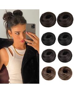 HOOJIH Hair Bun Hair Piece, 2PCS Space Bun Mini Cat Ears Hair Bun Extensions 100% Real Human Hair Messy Bun Double Bun with Elastic Rubber Band for Women - Dark Brown