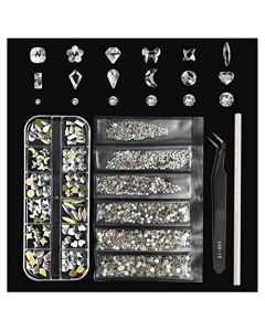 120+1728 Pcs Clear Rhinestones, Round & Multi-Shape Clear Crystal Rhinestone, Flatback Rhinestones for Nails, Clothes, Face, Jewelry