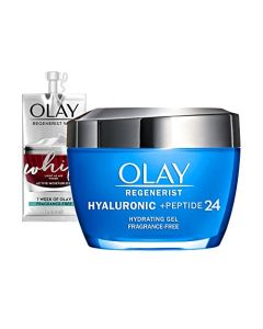 Olay Regenerist Hyaluronic Acid + Peptide 24 Gel Face Moisturizer for All Day Skin Hydration, Fragrance-Free, 1.7 oz with Niacinamide, includes Olay Whip Travel Size for Dry Skin