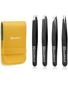 Tweezers Set, 4Pcs Eyebrows Tweezers with Leather Case, Great Precision for Eyebrow, Ingrown Hair, Splinter, Facial Hair Removal by HAWATOUR, Black