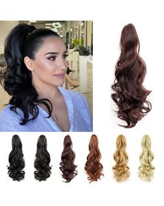 HH FASHION Brown Ponytail Extension, Claw Clip In Hair Extensions 16" Wavy 4.2 Oz Synthetic Ponytail Wig Natural Looking Curly Hairpiece for Women Girl, Dark Brown