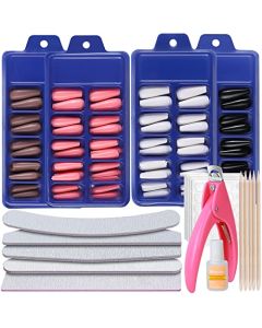 Press On Nails, HNYYZL 400PCS Press on Nails Coffin Long 4 Solid Color, Full Cover Ballerina False Nails, Glossy Acrylic Fake Nail Tips with Nail Glue, Nail Clipper, File, for Women Girls Nail Art DIY