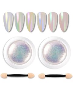 Neon White Chrome Nail Powder, Iridescent Aurora Mermaid Chrome Pearl Nail Glitter Powder Holographic Manicure Nail Art Decoration Powder, Magic Nail Chameleon Powder Metallic Mirror Effect (2 Pack)