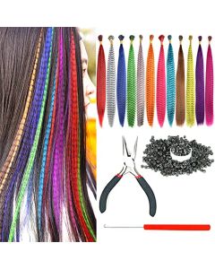 Xiaofeng 20 Inch Feather Hair Extensions Kit for Women Girls 65 Pcs Synthetic I-tip Hair Feathers 13 Mixed Colors with Tools 1 Pliers 1 Crochet Hook 100 Pcs Hair Beads (20 inch)