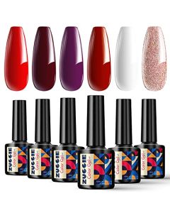 ZUCCIE Burgundy Red Gel Nail Polish Set, 6 Color Pink Glitter Gel Nail Polish Kit Dark Purple White Gel Polish Soak Off UV LED Gel Nail Kit Manicure Kit DIY Home Salon Nail Art