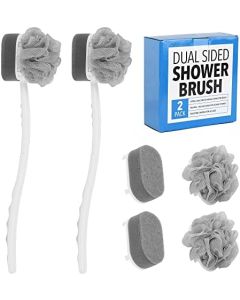 [2 Pack] Extra Long Handled Scrub Brush for Shower with Loofah & Exfoliating Sponge for a Radiant Glow - Shower Body Scrubber Plus 2 Loofahs & 2 Buff Sponges - Long Handled Sponge & Loofah Stick