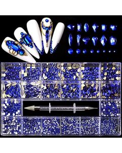 Sikkis 12 Styles of 600 Champagne Blue Diamonds + 2500 Flat Blue Rhinestones Mix 20 Styles Flatback Rhinestone Crystals 3D Decorations Flat Back Stones Gems Set +Tweezers