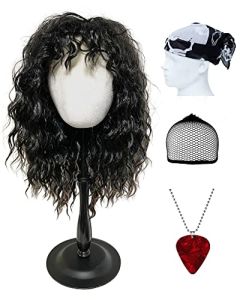 Rocker Wig Long Brown Curly Wig 80s Rockstar Metal Hair Party Cosplay Wigs Halloween Men Women (Eddie Black Wig)