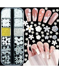 3D Flowers for Nails, 850pcs Nail Art Kit, Multi Design White/ Aurora Rose Nail Flower Charms, Crystal Nail Glitter Decals, Resin Flower Nail Decoration, 2 Sizes Golden Silver Beads for DIY Manicures