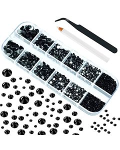 qiipii 4010pcs Nail Art Rhinestones Black Flatback Rhinestones Nail Charms 6 Sizes (1.6-6.1 mm) Up to SS30 Glass Nail Stones Gems Jewels w Picking Pen, Tweezer for Manicure DIY Craft Eyes Face Makeup