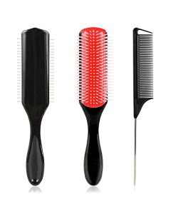 2 Pieces Hair Brush Comb Set, 9-Row Cushion Nylon Bristle Curly Hair Detangling Styling Brush