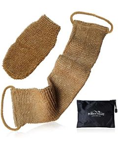 Natural Back Scrubber for Shower for Men and Women - Set of Hemp Back Washer & Exfoliating Glove for Body- Long Back Sleeve with Scrub Mitten for Deep Cleaning & Skin Relax