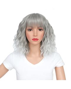 SWACC 12 Inch Short Curly Wavy Bob Wig with Bangs Synthetic Hair Wig for Women with Wig Cap (Grey Silver Ombre)