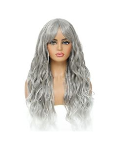 SWACC Long Curly Wavy Wig with Bangs Synthetic Hair Wig for Women with Wig Cap (Grey Silver Ombre)