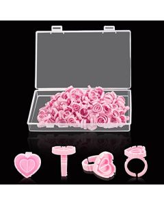 100PCS Disposable Glue Rings for Eyelash Extensions - Heart-Shaped Lash Fan Blossom Supplies with Storage Box - Perfect for Professional Beauty Salons and Individual Lash Techs - Pink