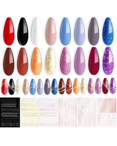 ab gel 18 pcs Gel Nail Polish Kit, Include 6 pcs Metal Line Nail Stickers,16 Colors Soak Off UV LED Nail Gel Pastel Collection with Base and Top Coat Manicure Nail Art Salon