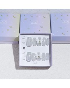 Light Rain French Tip Press on Nails - Bright Angel, 3D Bling Handmade with Bow Reusable Gel UV Finished White False nails, Hand-Painted by Professional Manicurist, Short Coffin, Medium Size