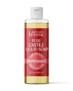 Brittanie's Thyme Pure Castile Liquid Soap Refill, 32 Ounce Peppermint | For Hair & Body, Gentle and Pure, Made with Natural Luxurious Oils, Vegan & Gluten Free Non-GMO