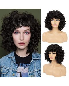 REECHO Curly Wig with Bangs, 12" Big Curly Hair Wig Natural Soft Heat Friendly Synthetic Hair Replacement Wig for Women Daiy Use Party Cosplay, Black Brown