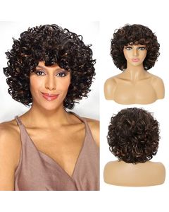 REECHO Brown Curly Wig with Bangs, Natural Soft Curly Hair Wig Heat Friendly Synthetic Hair Replacement Wig for Women Daiy Use Party Cosplay
