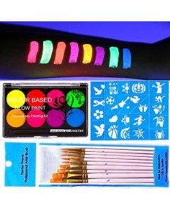 Witcrskm Glow In The Dark Face Paint Kits For Kids, Face Paint With 8* colors Neon Pigment, 80* Temporary Tattoo Templates And 10* Brush , Ideal Gift Party Favor For 3-14 Year Old Girls Boys, Fluorescence Paint for Party, Halloween, Christmas
