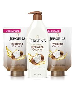 Jergens Coconut Oil-Infused Hand and Body Moisturizer, Soothing Full-Body Moisture, with Hydrating Coconut, Oil-Infused Lotion, 16.8 oz plus 2 - 8 oz Refills, 3 Piece set