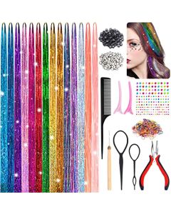 Dejiovey Hair Tinsel Kit, 14 Colors Tinsel Hair Extensions with Rhinestone and Tools, Fairy Hair Glitter Hair Extensions (2800 Strands, 46 Inch)