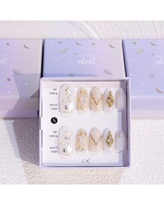 Light Rain Press on Nails - Palace, Luxury 3D Rhinestone Handmade White Reusable Gel UV Finished Bling False nails, Hand-Painted with Design by Professional Manicurist, Medium Oval,  Small Size