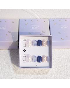 Light Rain Press on Nails Short - Time, 3D Blue Handmade with Reusable Gel UV Finished False nails, Hand-Painted Fake Nails with Design by Professional Manicurist, Short Square, Large Size