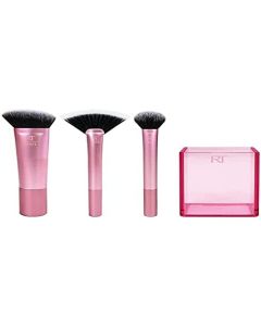Real Techniques Cruelty Free Sculpting Set, Includes Fan or Setting Brush & Brush Cup, Synthetic Bristles, Pink, 4 Piece