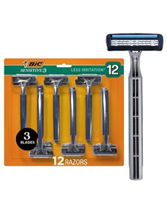 BIC Sensitive 3 Disposable Razors for Men With 3 Blades for Sensitive Skin, 12 Count Value Pack of Shaving Razors