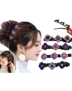 4pcs Sparkling Crystal Stone Satin Fabric with 3 Small Hair Clips Crystal Stone Braided Hair Clips, Four-Leaf Clover Chopped Hairpin Braided Clip, Rhinestones Duckbill Clip for Women/Girls