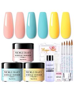 NICOLE DIARY Acrylic Powder Set,3 Colors Blue Pink Yellow Acrylic Powder Kit, Include Liquid Monomer, Nail Tips, Brushes, Glue, Glass Cup,acrylic nail kit for beginners with everything