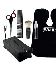 Wahl Home Haircutting Kit Essentials Featuring Barbers Haircutting Cape, Styling Comb, Scissors with Blade Guard, Neck Duster, Spray Bottle, & Soft Pouch Case – Model 03599
