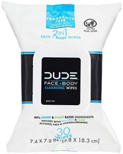 DUDE Wipes Face and Body Wipes - 1 Pack, 30 Wipes - Unscented Wipes with Sea Salt & Aloe - 2-in-1 Body & Face Wipes - Alcohol Free and Hypoallergenic Cleansing Wipes