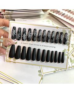 24 Pcs Press on Nails - ABS Fake Nails Long Coffin White Snowflake Pattern Black Christmas False Nail Glue Free