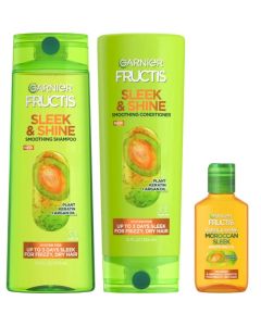 Garnier Fructis Sleek & Shine Shampoo, Conditioner + Moroccan Sleek Oil Set for Frizzy, Dry Hair, Argan Oil (3 Items), 1 Kit (Packaging May Vary)
