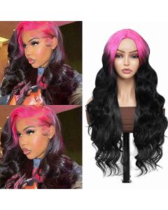 Skunk Stripe Wig Pink Root Synthetic Lace Frontal Wigs Pink and Black Highlights Wigs Natural Long Wavy Ombre Skunk Stripe Cheap Synthetic Wig