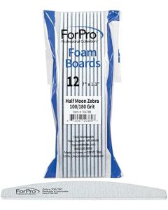 ForPro Half Moon Foam Boards, Zebra, 100/180 Grit, Double-Sided Manicure and Pedicure Nail Files, 7” L x 1.1” W, 12-Count