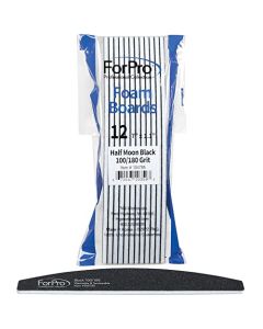 ForPro Half Moon Foam Boards, Black, 100/180 Grit, Double-Sided Manicure and Pedicure Nail Files, 7” L x 1.1” W, 12-Count