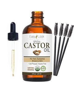 EASY LOOK Castor Oil 4oz, USDA Certified Organic 100% Pure, Stimulate Growth for Eyelashes, Eyebrows, Hair. Skin Moisturizer & Hair Treatment Starter Kit