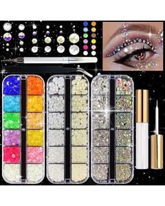 5800PCS Flat Back Rhinestone and Half Round Pearl Kits, Face Jewels with Body Glue+Picker Pencil+Tweezer For Nail Art and Face Make-up (1-Rhinestones+Pearls+Glue)