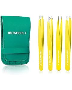 Tweezers Set, 4Pcs Tweezers for Women with Travel Leather Case, Professional Stainless Steel Eyebrows Tweezers, Great Precision Tweezers for Ingrown Hair, Facial Hair, Splinter Removal(Yellow)