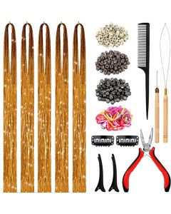 Hair Tinsel Kit, 48 Inch 2500 strands Tinsel Hair Extensions with Tools, Heat Resistant Fairy Hair Tinsel Kit for Women Girls Hair Accessories 5Pcs(Gold)