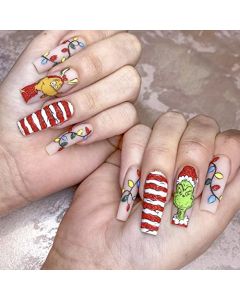 24pcs Christmas Press on Nails,Glossy Glue on Nails for Women,Medium Long Christmas Fake Nails, Acrylic Nail Square Shape Full Cover Fakes Nails with Cute Cartoon Designs Xmas Nail Decorations