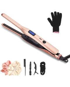Pencil Flat Iron for Short Hair, Pro Straightener and Curler 2 in 1 Ceramic Mini Small Flat Iron for Short Hair, Beards & Pixies, 3/10Inch Straightener Iron for Men's Quick Grooming Gift - Rose Glod