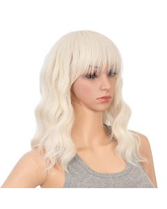 SWACC Short Curly Wavy Bob Wig with Bangs Synthetic Medium Shoulder Length Hair Wig for Women with Wig Cap (Platinum Blonde)