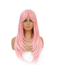 SWACC Long Layered Straight Wig with Bangs Synthetic Hair Wig for Women with Wig Cap (Pink Ombre)