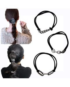 Hair Ties Metal Bracelet Hair Ties for Women Elastic Hair Ties for Thick/Thin Hair Ponytail Holders Hair Bands Hair Accessories (3PCS Black Elastic With Silver Metal Bracelet)